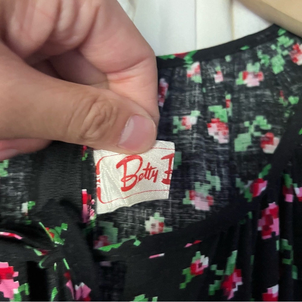 BETTY BARCLAY vintage black digital floral print puff long sleeve midi dress - Picture 8 of 9